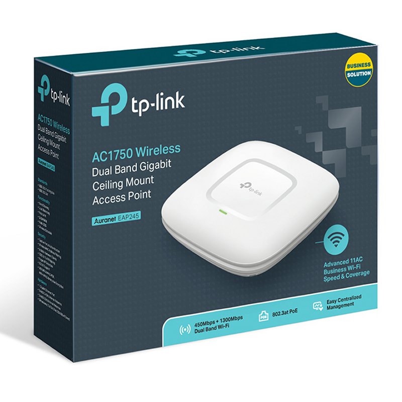 PUNTO DE ACCESO WIFI DUALBAND TP-LINK EAP245 AC1750 450MB EN 2,4GHZ Y 1300MB EN 5GHZ 1xPTO GIGA MONTAJE EN TECHO Y PARED POE