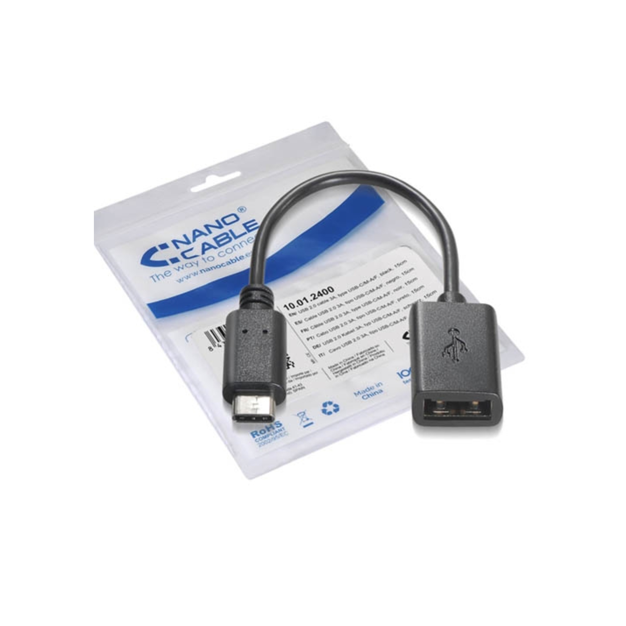 Nanocable Cable USB 2.0 3A, USB-C/M-A/F, 15cm