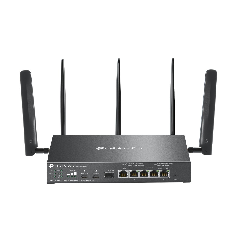 ROUTER VPN WIFI6 TP-LINK OMADA ER706WP-4G+ AX3000 2402Mbps 2xNANOSIM 1xWAN Gb 1xSFP Gb 4xLAN Gb