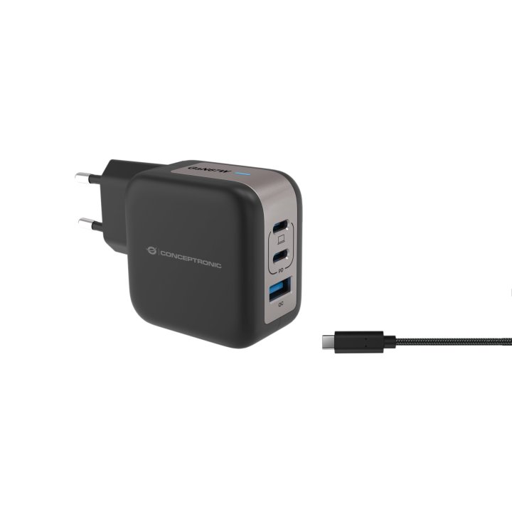 CARGADOR DE PARED CONCEPTRONIC USB-C x2 USB-Ax1 QUICKCHARGE 3.0 PPS 67W  INCLUYE CABLE COLOR NEGRO