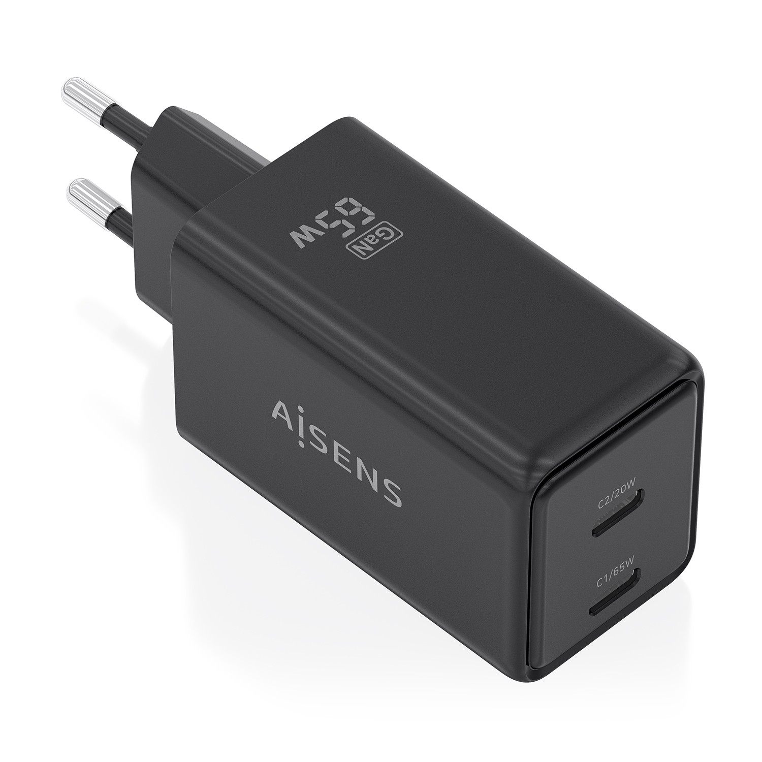 CARGADOR GaN 65W 2xUSB-C PD3.0 QC4.0 NEGRO AISENS ASCH-65W2P079-BK