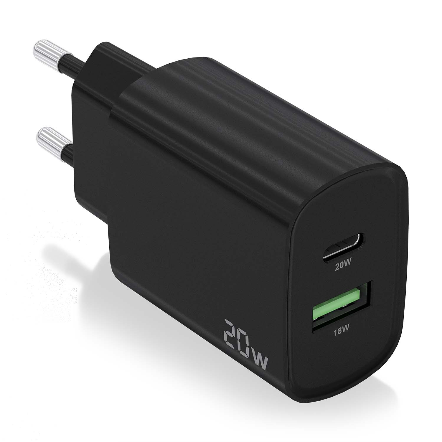 CARGADOR 20W 1xUSB-C PD3.0 1xUSB-A QC3.0 NEGRO AISENS A110-0755