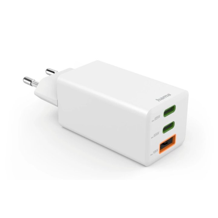 CARGADOR DE PARED HAMA MINI 2xUSB-C 1xUSB-A GaN 65W QUICK CHARGE POWER DELIVERY COLOR BLANCO