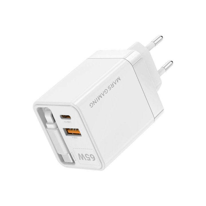 Cargador USB Gan Mars Gaming MD-GAN65RW 65W Blanco con Cable Retráctil