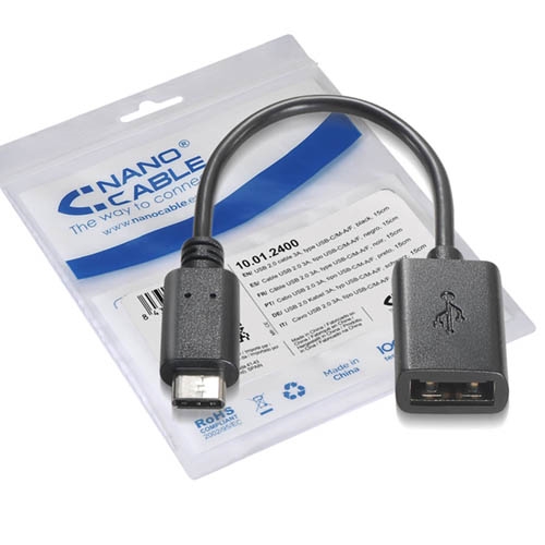 CABLE USB 2.0 3A TIPO USB-CM-AF NEGRO 15CM NANOCABLE 10.01.2400