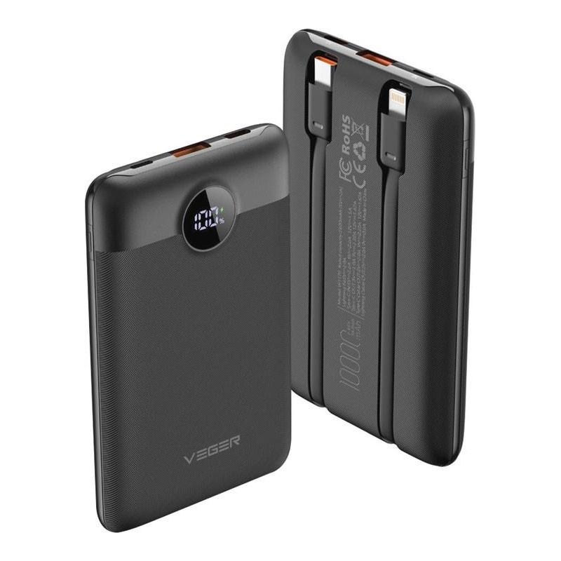 CARGADOR POWERBANK VEGER C11 10000MAH SMALL 22W VG-W1170 WITH CABLES BUILT BLACK
